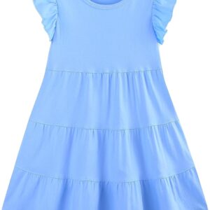 Girl's Dresses Cotton Ruffle Sleeve Tiered Swing A-Line Cute Midi Casual Sundress #Lt Blue