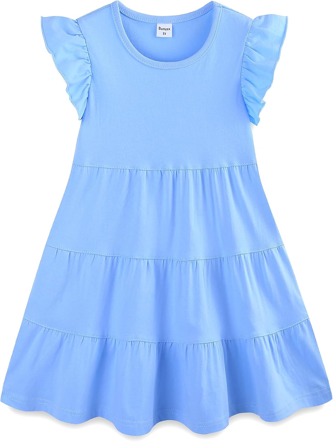 Girl's Dresses Cotton Ruffle Sleeve Tiered Swing A-Line Cute Midi Casual Sundress #Lt Blue