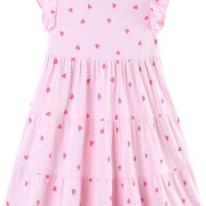 Girl's Dresses Cotton Ruffle Sleeve Tiered Swing A-Line Cute Midi Casual Sundress Pink Hearts
