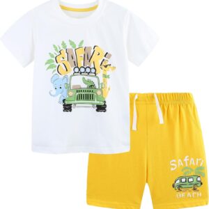 Toddler Boy's Cotton Short Sleeve T-Shirt and Short Set 2-7Y A05#white Car Elephants