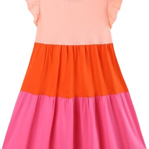 Girl's Dresses Cotton Ruffle Sleeve Tiered Swing A-Line Cute Midi Casual Sundress Pink Red
