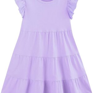 Girl's Dresses Cotton Ruffle Sleeve Tiered Swing A-Line Cute Midi Casual Sundress #Lt Purple