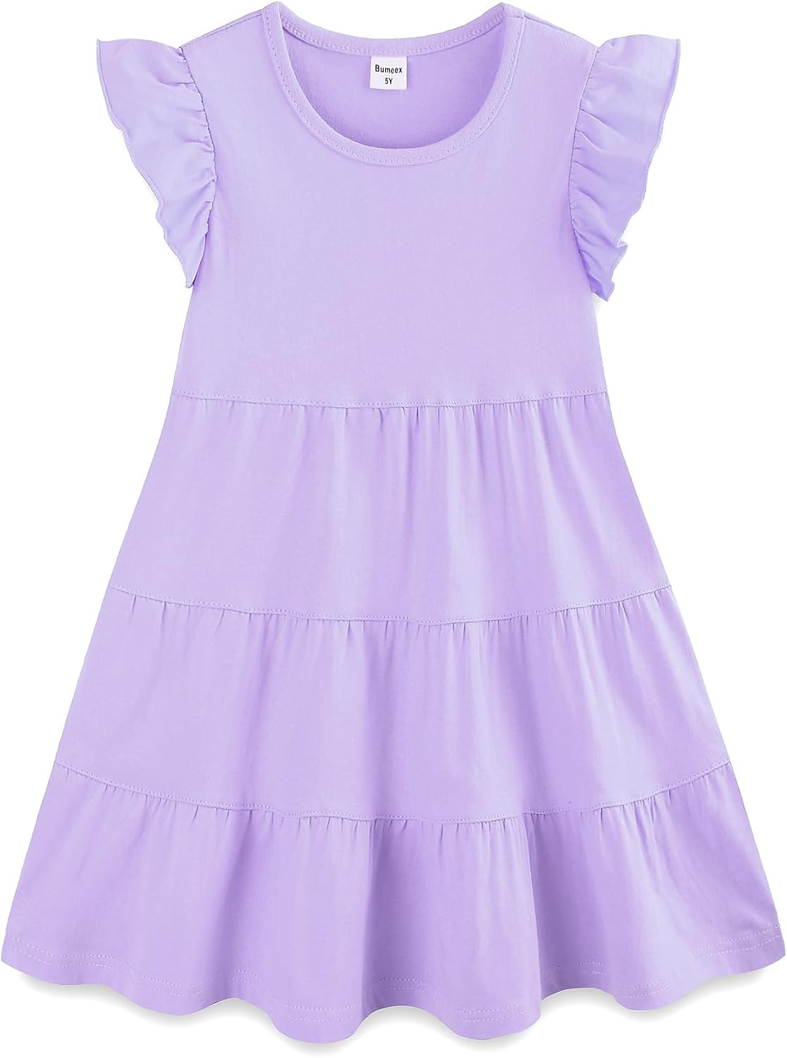 Girl's Dresses Cotton Ruffle Sleeve Tiered Swing A-Line Cute Midi Casual Sundress #Lt Purple