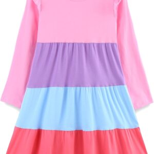 Girl's Dresses Cotton Ruffle Sleeve Tiered Swing A-Line Cute Midi Casual Sundress #Pink