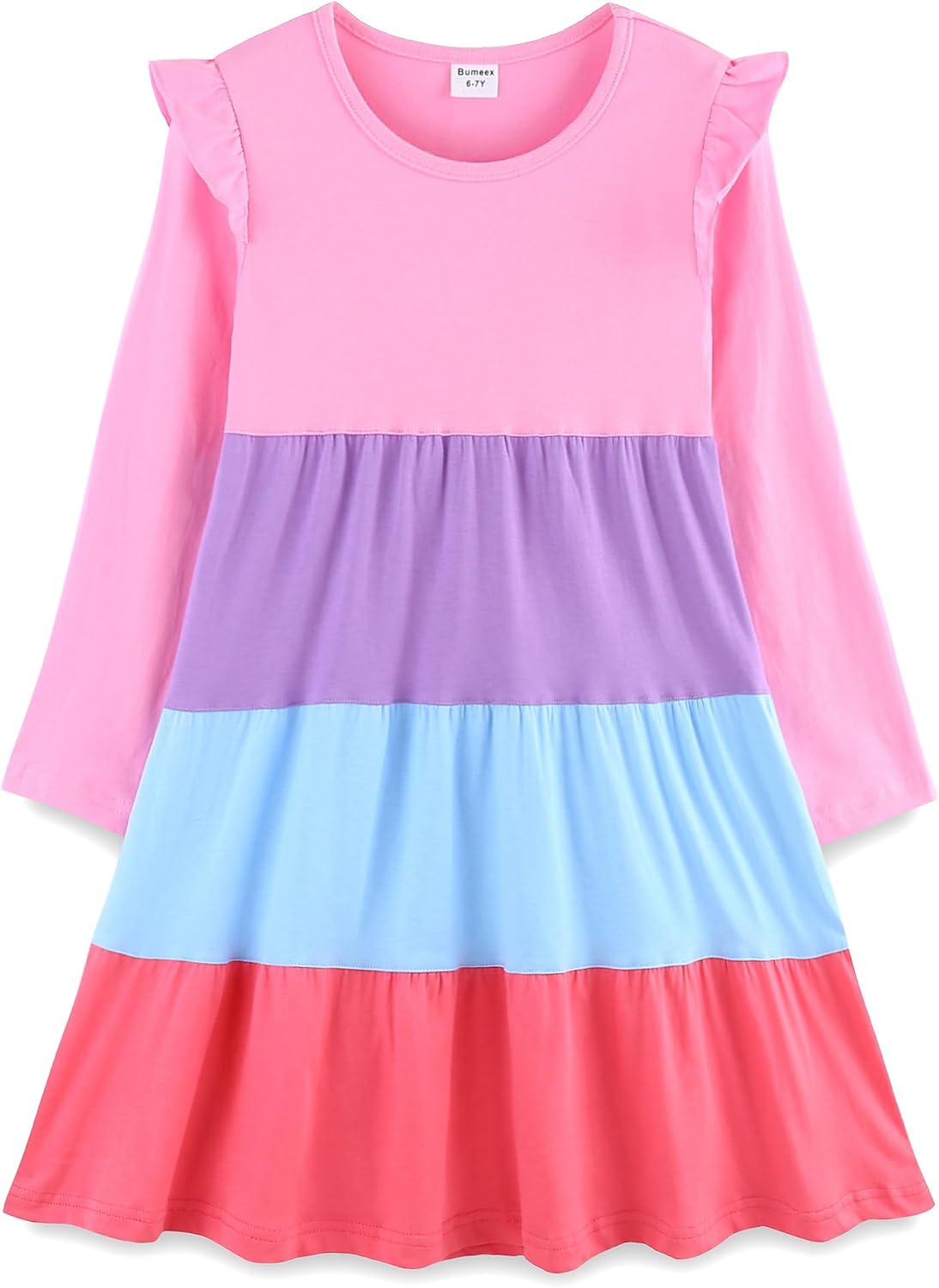 Girl's Dresses Cotton Ruffle Sleeve Tiered Swing A-Line Cute Midi Casual Sundress #Pink