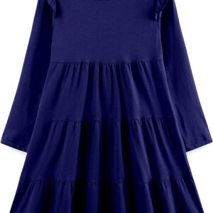 Girl's Dresses Cotton Ruffle Sleeve Tiered Swing A-Line Cute Midi Casual Sundress #Navy