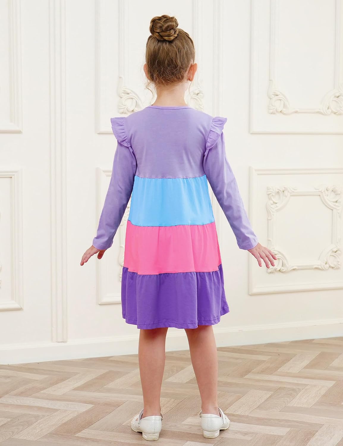 Girl's Dresses Cotton Ruffle Sleeve Tiered Swing A-Line Cute Midi Casual Sundress #Lilac - Image 5