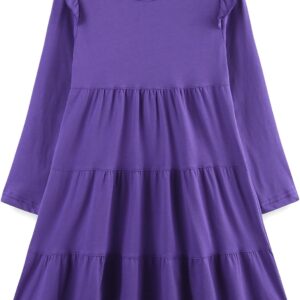 Girl's Dresses Cotton Ruffle Sleeve Tiered Swing A-Line Cute Midi Casual Sundress #Purple