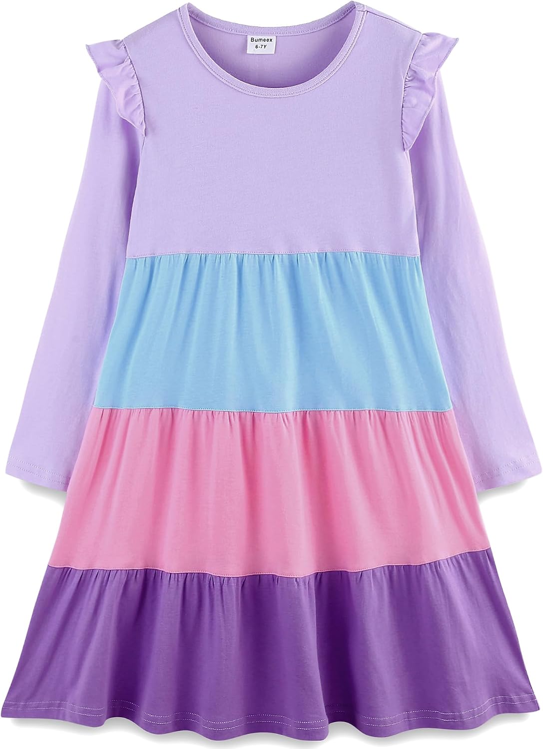 Girl's Dresses Cotton Ruffle Sleeve Tiered Swing A-Line Cute Midi Casual Sundress #Lilac