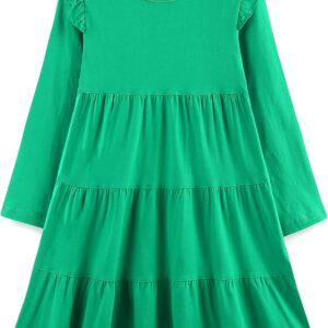 Girl's Dresses Cotton Ruffle Sleeve Tiered Swing A-Line Cute Midi Casual Sundress #Green