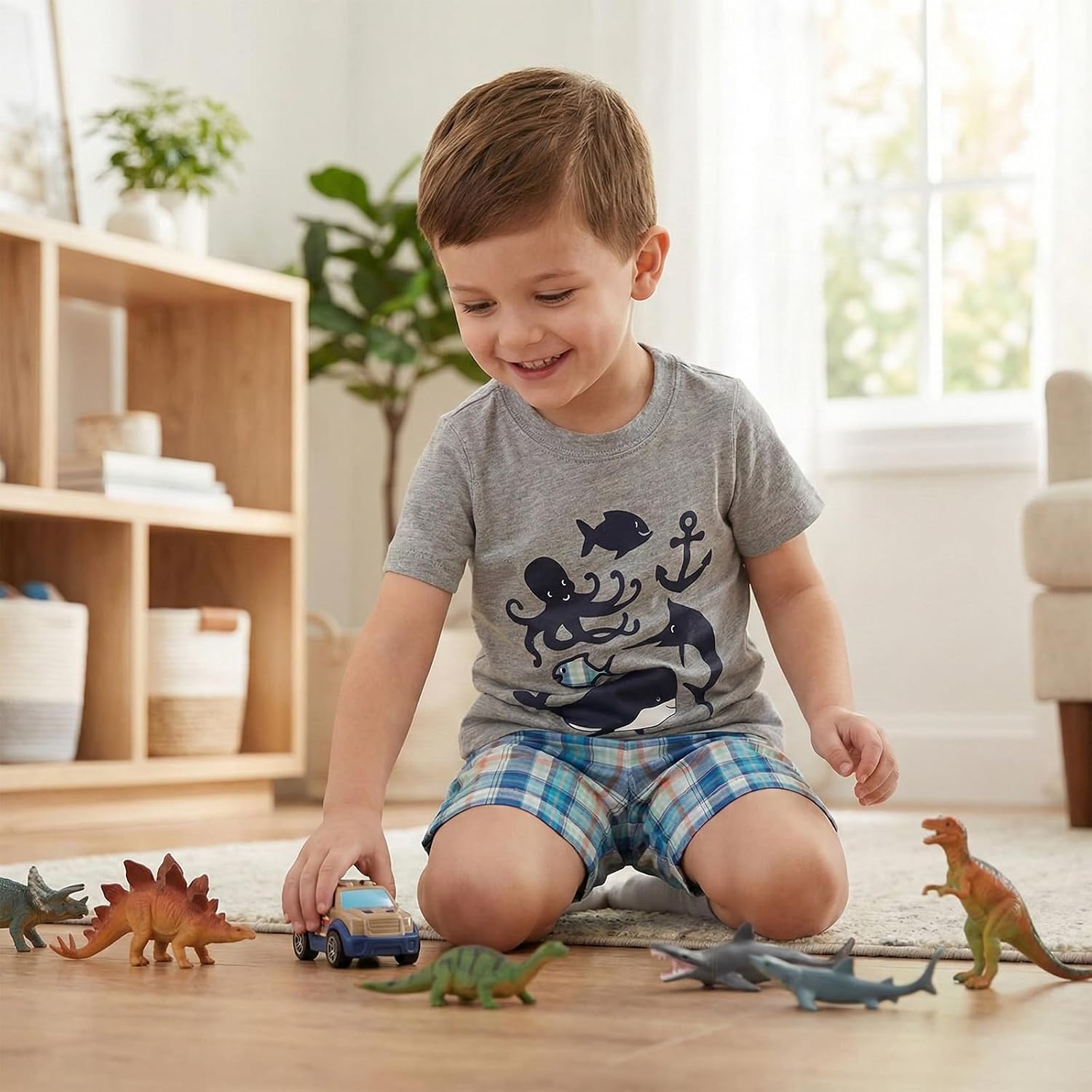 Toddler Boy's Short Sleeve T-Shirt and Short Outfit Set 2-7T Grey Fishes - Image 3