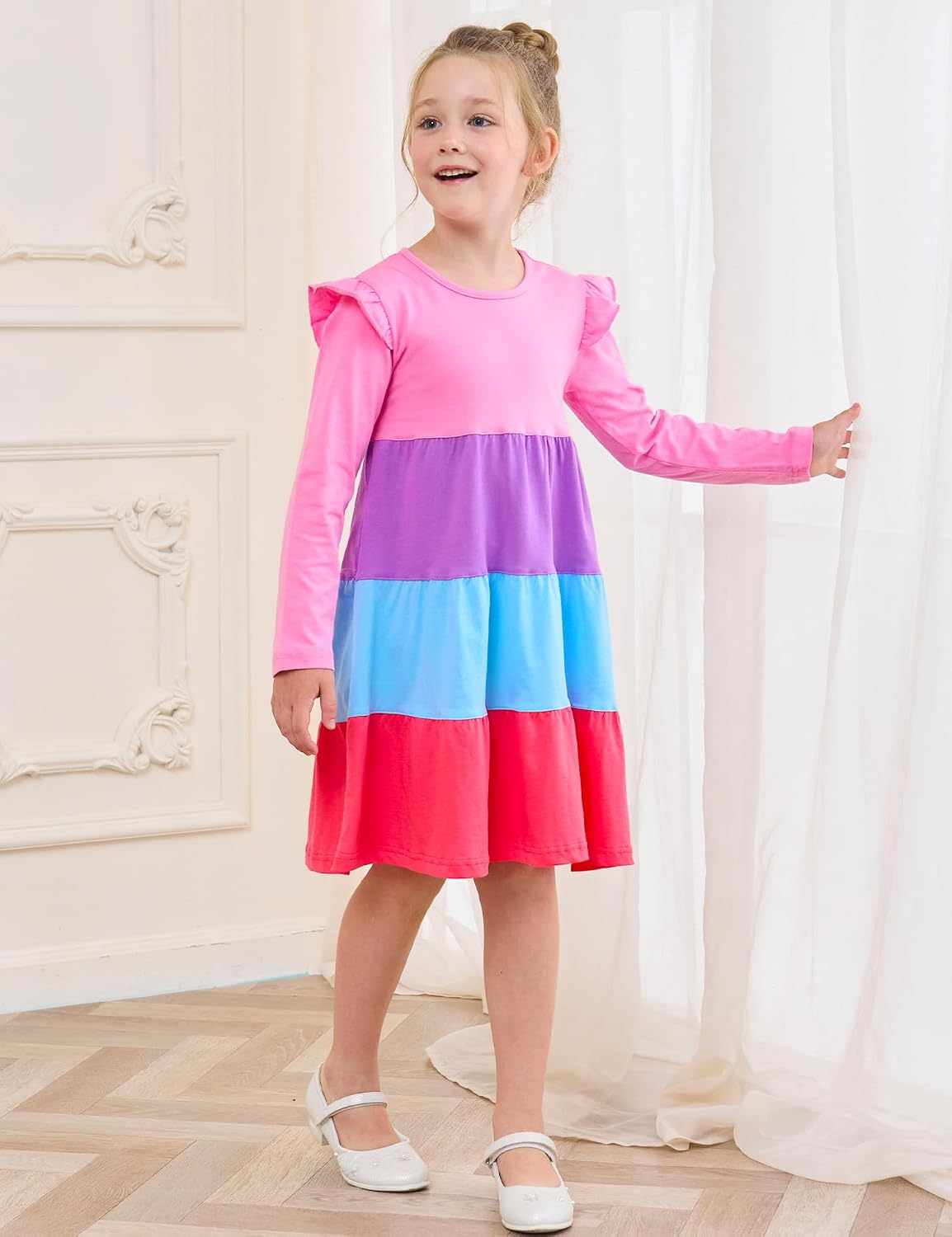 Girl's Dresses Cotton Ruffle Sleeve Tiered Swing A-Line Cute Midi Casual Sundress #Pink - Image 4