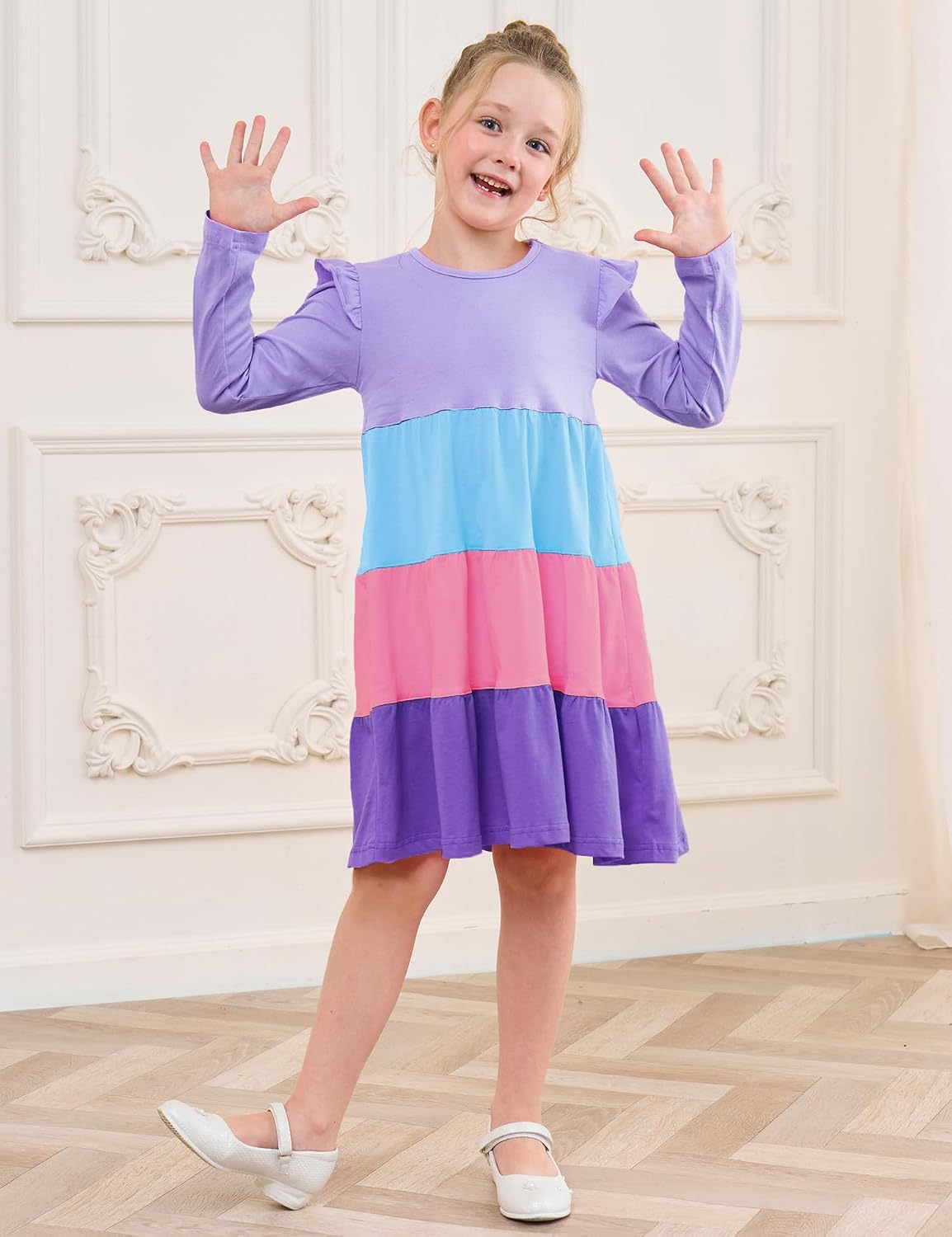 Girl's Dresses Cotton Ruffle Sleeve Tiered Swing A-Line Cute Midi Casual Sundress #Lilac - Image 2