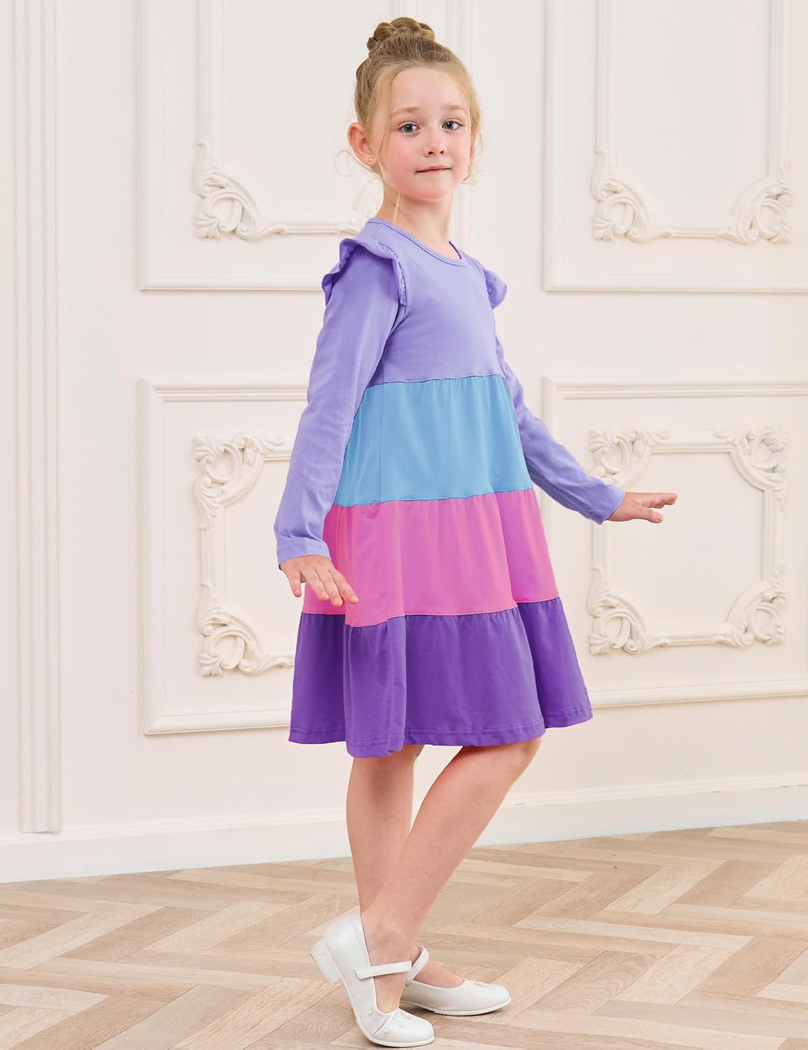 Girl's Dresses Cotton Ruffle Sleeve Tiered Swing A-Line Cute Midi Casual Sundress #Lilac - Image 3