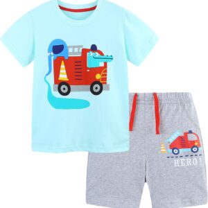 Toddler Boy's Cotton Short Sleeve T-Shirt and Short Set 2-7Y A04#light Blue Firetruck