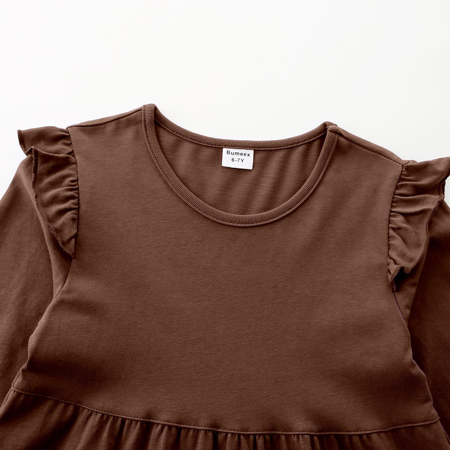 Girl's Dresses Cotton Ruffle Sleeve Tiered Swing A-Line Cute Midi Casual Sundress #Brown - Image 4