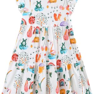 Girl's Dresses Cotton Ruffle Sleeve Tiered Swing A-Line Cute Midi Casual Sundress Ladybug