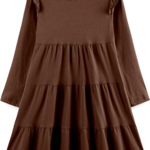 Girl's Dresses Cotton Ruffle Sleeve Tiered Swing A-Line Cute Midi Casual Sundress #Brown