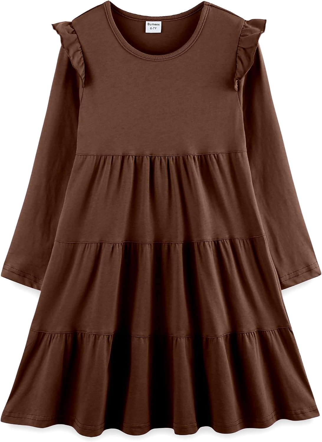 Girl's Dresses Cotton Ruffle Sleeve Tiered Swing A-Line Cute Midi Casual Sundress #Brown