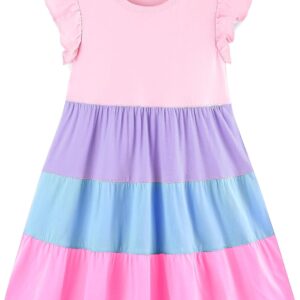 Girl's Dresses Cotton Ruffle Sleeve Tiered Swing A-Line Cute Midi Casual Sundress Pink 1