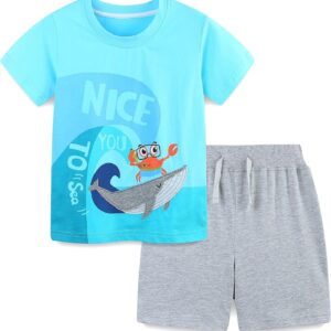 Toddler Boy's Cotton Short Sleeve T-Shirt and Short Set 2-7Y A07#light Blue Crab Whale
