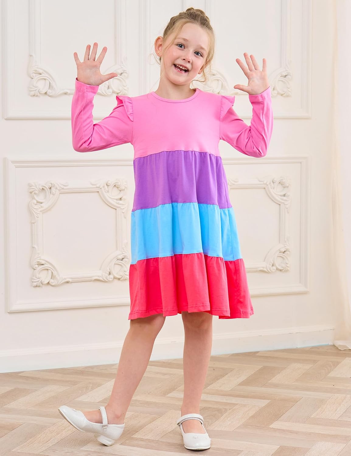 Girl's Dresses Cotton Ruffle Sleeve Tiered Swing A-Line Cute Midi Casual Sundress #Pink - Image 2