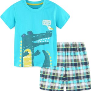 Toddler Boys Cotton Clothing Sets Short Sleeve Tee and Shorts Lt Blue Dinosaur