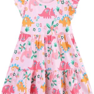 Girl's Dresses Cotton Ruffle Sleeve Tiered Swing A-Line Cute Midi Casual Sundress #Pink Dinosaur