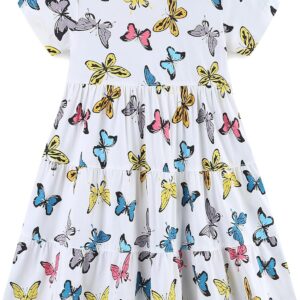 Girl's Dresses Cotton Ruffle Sleeve Tiered Swing A-Line Cute Midi Casual Sundress Butterfly Print