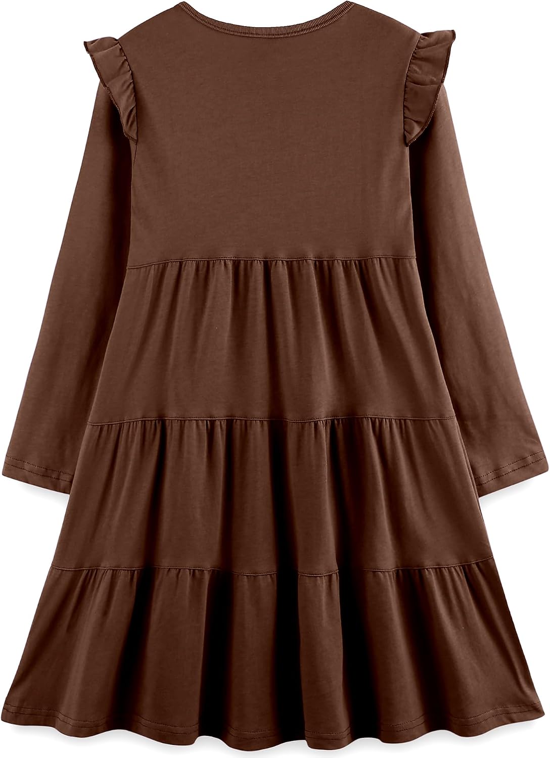 Girl's Dresses Cotton Ruffle Sleeve Tiered Swing A-Line Cute Midi Casual Sundress #Brown - Image 3