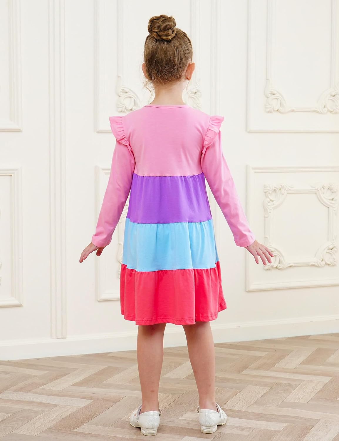 Girl's Dresses Cotton Ruffle Sleeve Tiered Swing A-Line Cute Midi Casual Sundress #Pink - Image 5