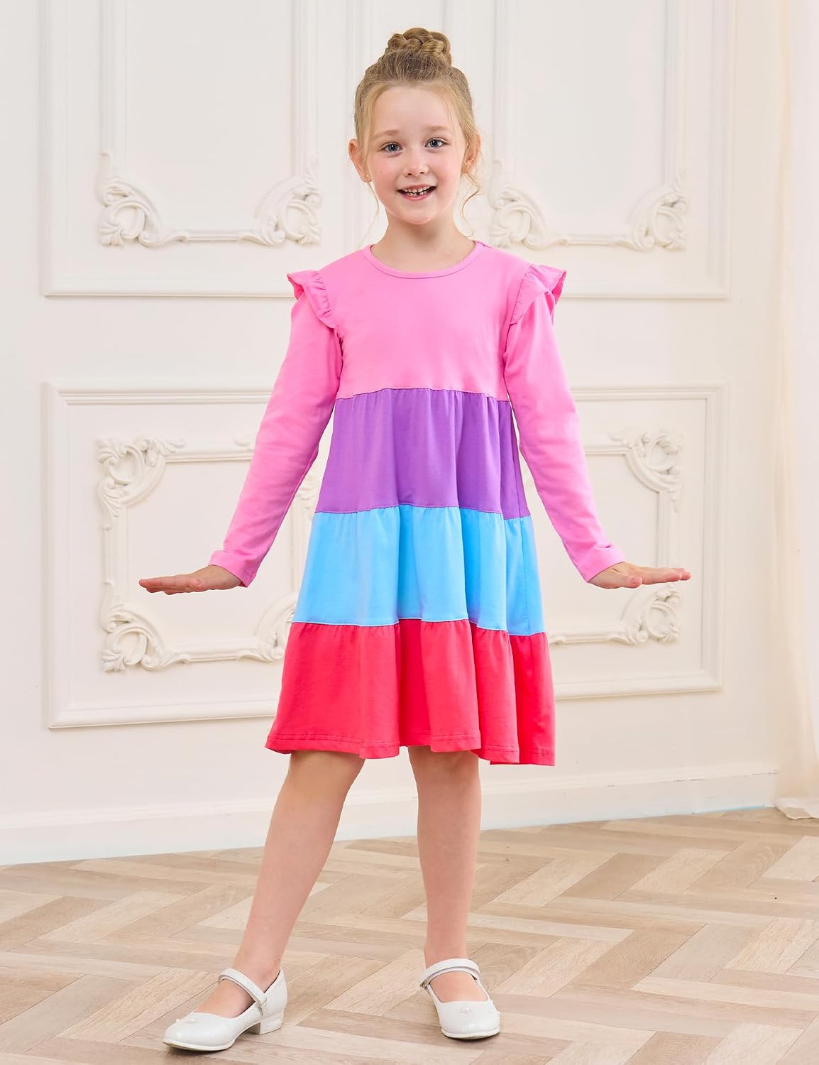 Girl's Dresses Cotton Ruffle Sleeve Tiered Swing A-Line Cute Midi Casual Sundress #Pink - Image 3