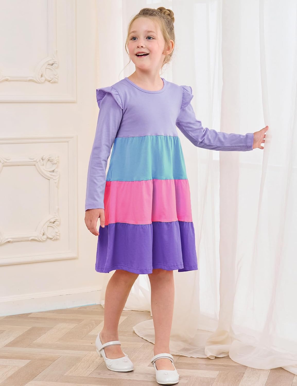 Girl's Dresses Cotton Ruffle Sleeve Tiered Swing A-Line Cute Midi Casual Sundress #Lilac - Image 4