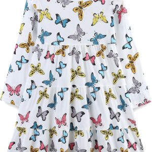 Girl's Dresses Cotton Ruffle Sleeve Tiered Swing A-Line Cute Midi Casual Sundress #White Butterfly