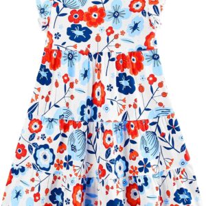 Girl's Dresses Cotton Ruffle Sleeve Tiered Swing A-Line Cute Midi Casual Sundress Red and Blue Flower