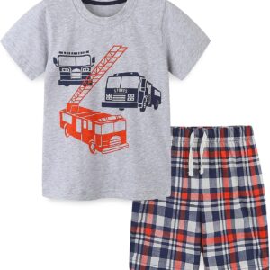 Toddler Boy's Cotton Short Sleeve T-Shirt and Short Set 1-7Y Grey Firetruck