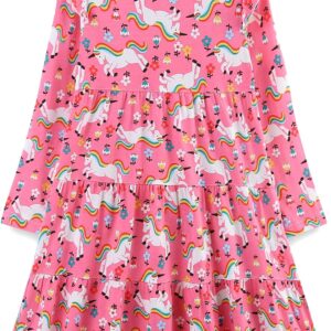 Girl's Dresses Cotton Ruffle Sleeve Tiered Swing A-Line Cute Midi Casual Sundress #Pink Unicorn