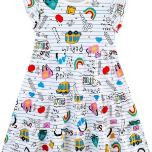 Girl's Dresses Cotton Ruffle Sleeve Tiered Swing A-Line Cute Midi Casual Sundress School Bus