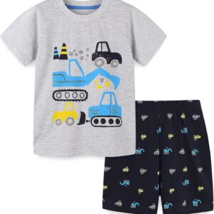Toddler Boy's Cotton Short Sleeve T-Shirt and Short Set 1-7Y Grey Excavator