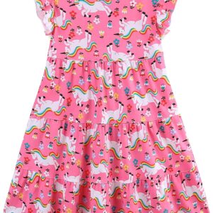 Girl's Dresses Cotton Ruffle Sleeve Tiered Swing A-Line Cute Midi Casual Sundress Pink Unicorn#2