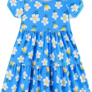 Girl's Dresses Cotton Ruffle Sleeve Tiered Swing A-Line Cute Midi Casual Sundress Blue Sunflower Print